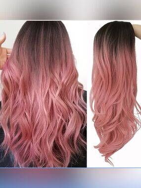 Ombré Pink Curly Long Wavy Wig Dark Roots 24”